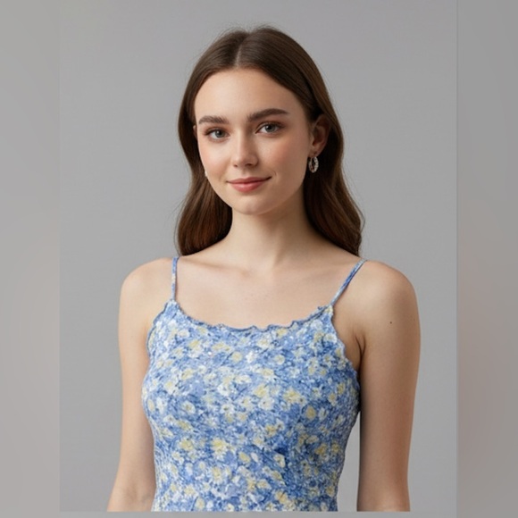 Blue Floral Print Lettuce Edge Dress - Picture 2 of 7